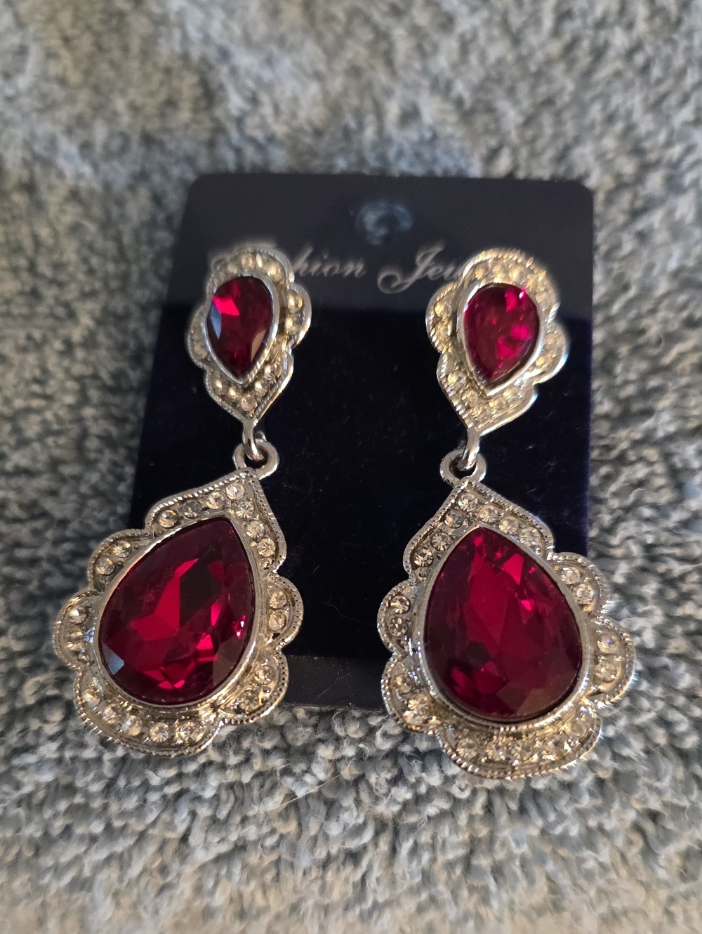 Sterling-Style Red Teardrop Drop Earrings with Clear Accents